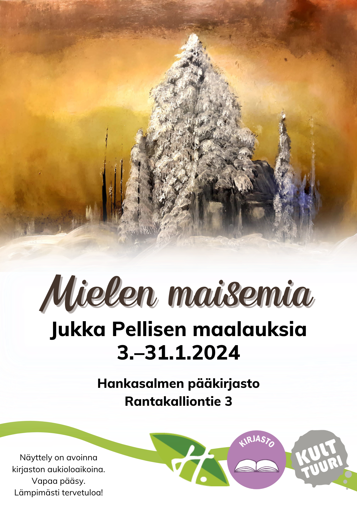 Jukka Pellisen näyttelyjuliste tammikuu 2024 Hankasalmen kirjasto